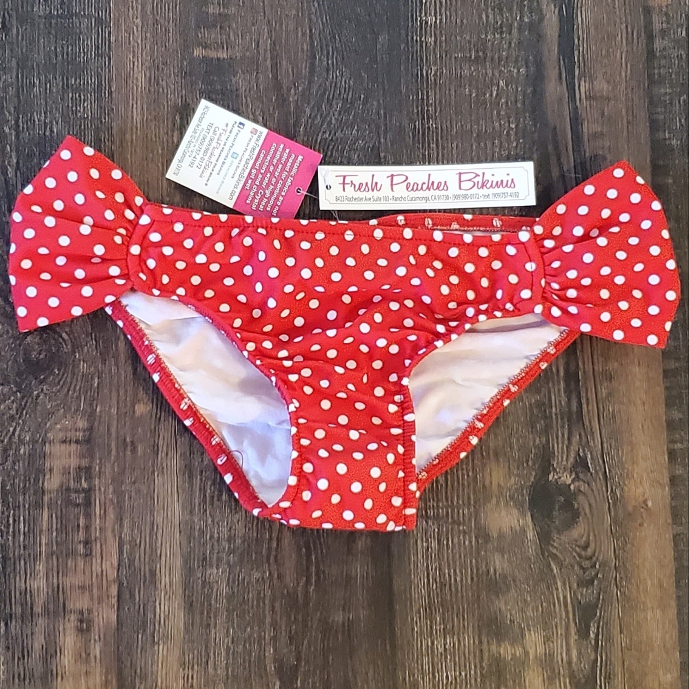 NWT Red Polkadot Fresh Peaches Ruched Bikini Bottom Size M